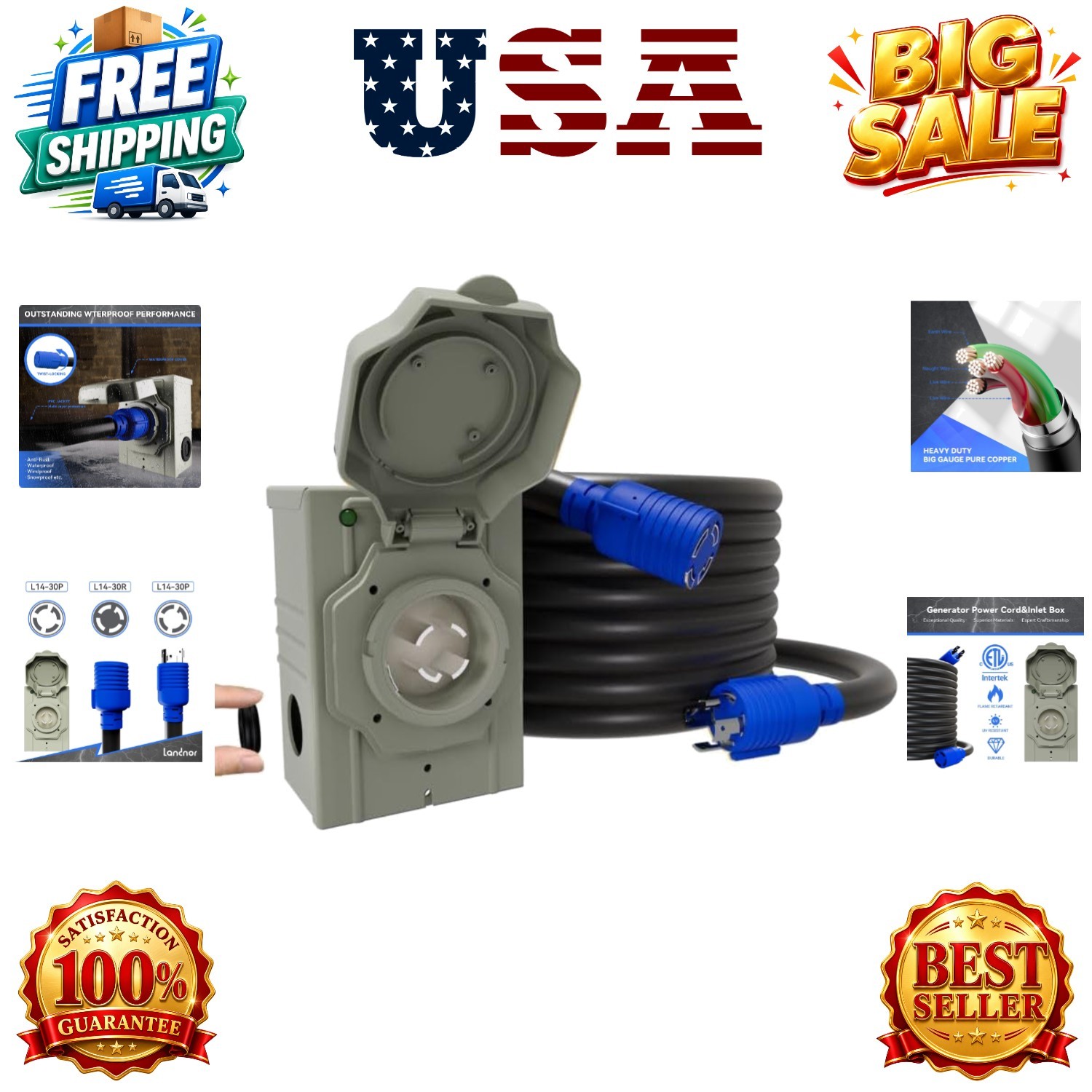 50AMP 10Feet Generator Cord with Pre-drilled Power Inlet Box, 4-Prong 125V/25…