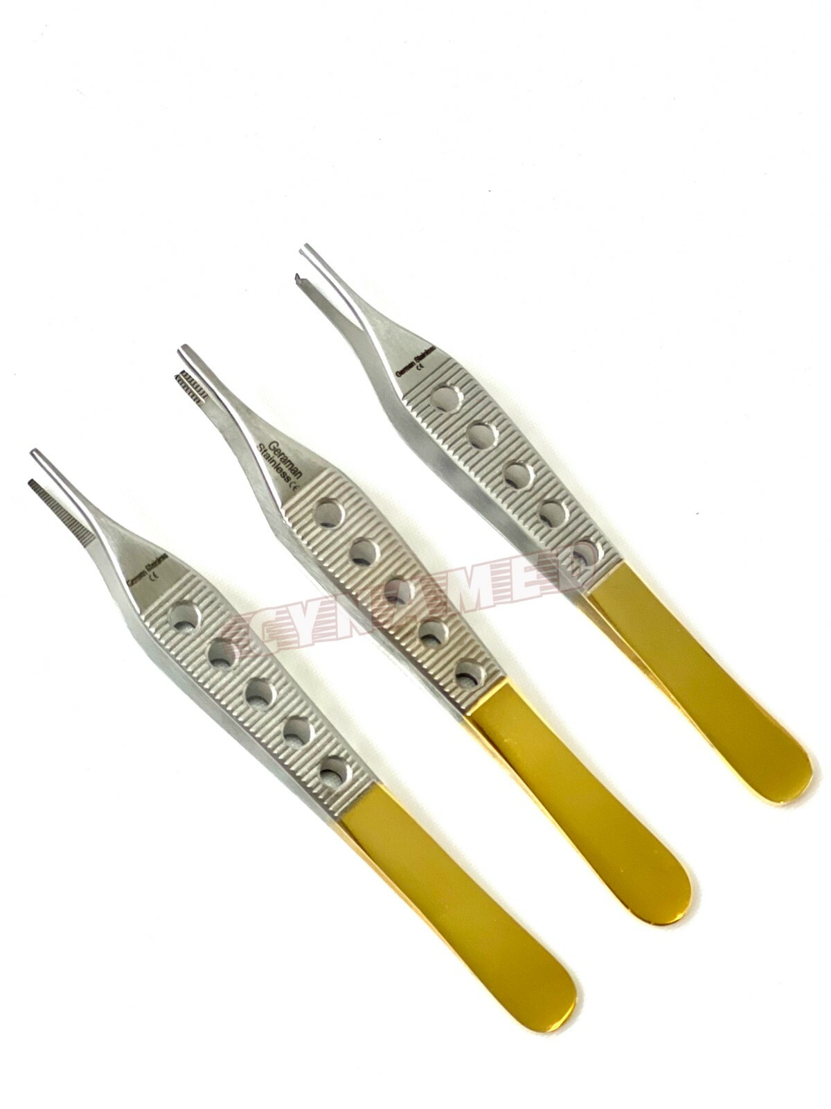 3 PCS GERMAN GOLD HANDLE ADSON TISSUE+BROWN+DRESSING FORCEPS 4.75″ FINESTRATED