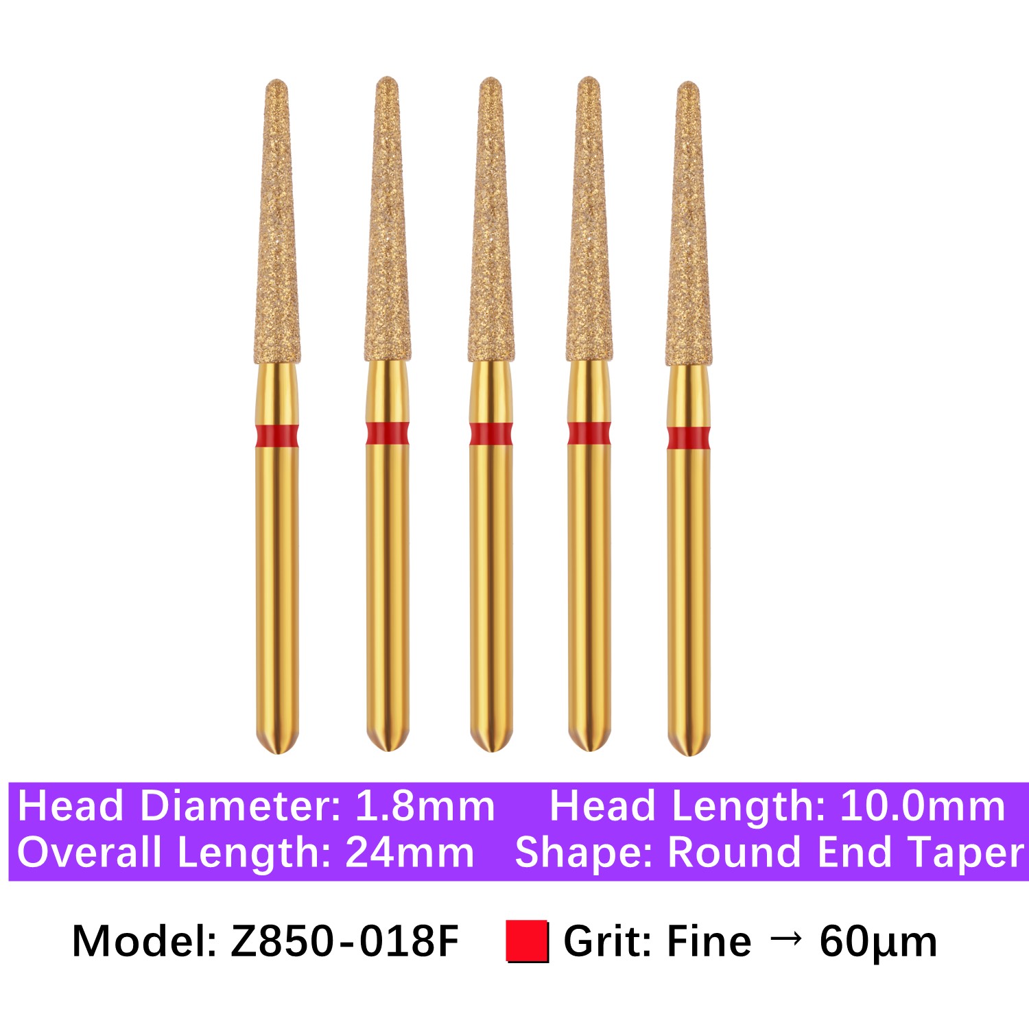 Vakker 5pc/pk Zirconica 850-018F Fine FG Diamond Burs Round End Taper Gold