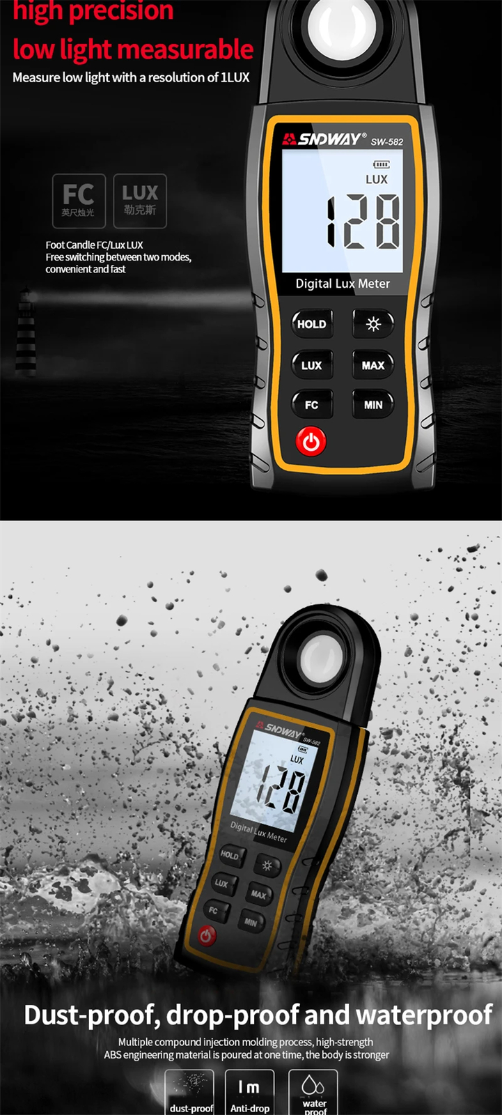 Light Lux Meter LCD photometer Illuminometer Luminometer 200,000Lux Temp light
