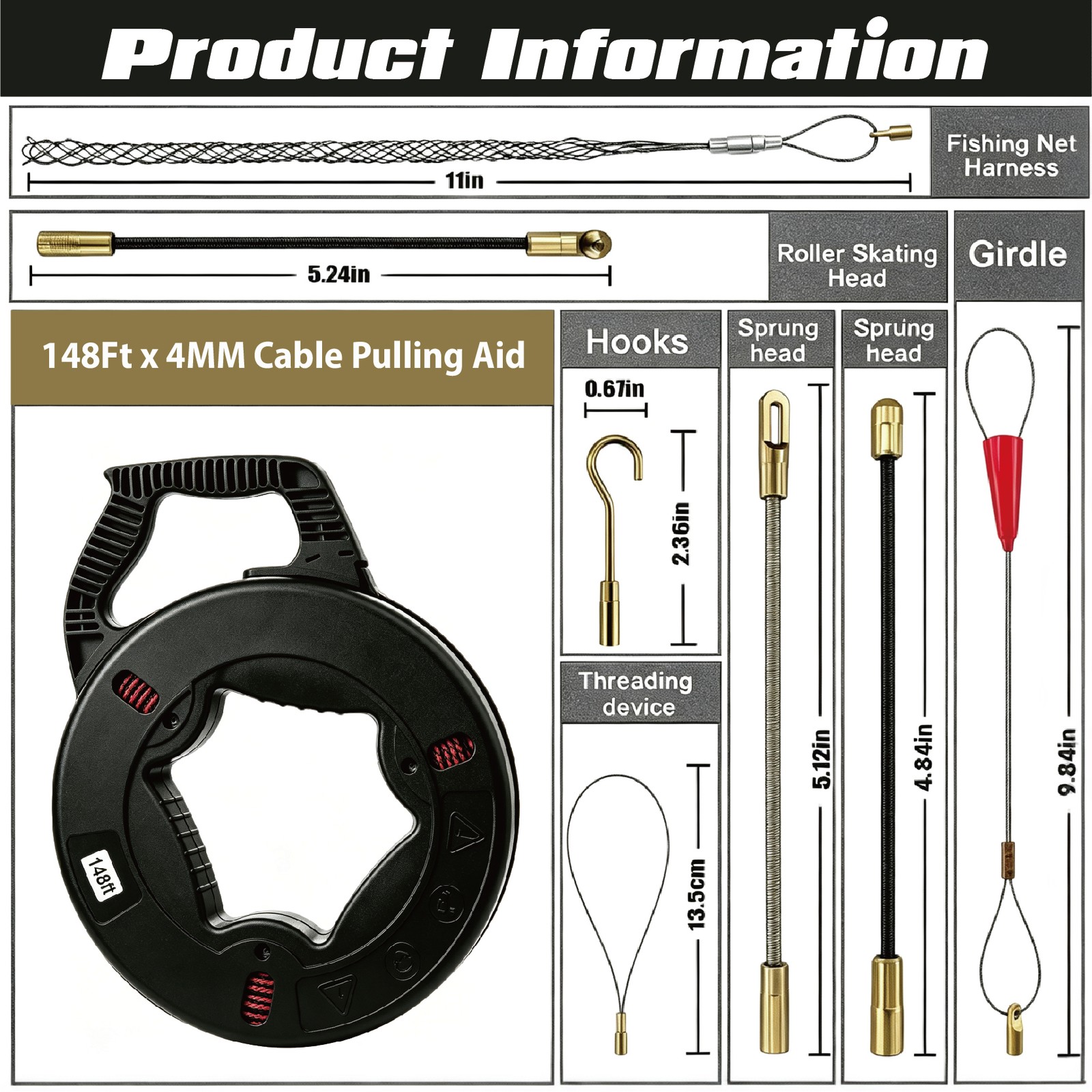148Ft x4MM Glassfiber Fish-shaped Wire For Pulling Wire & Cable with 7 Adapters
