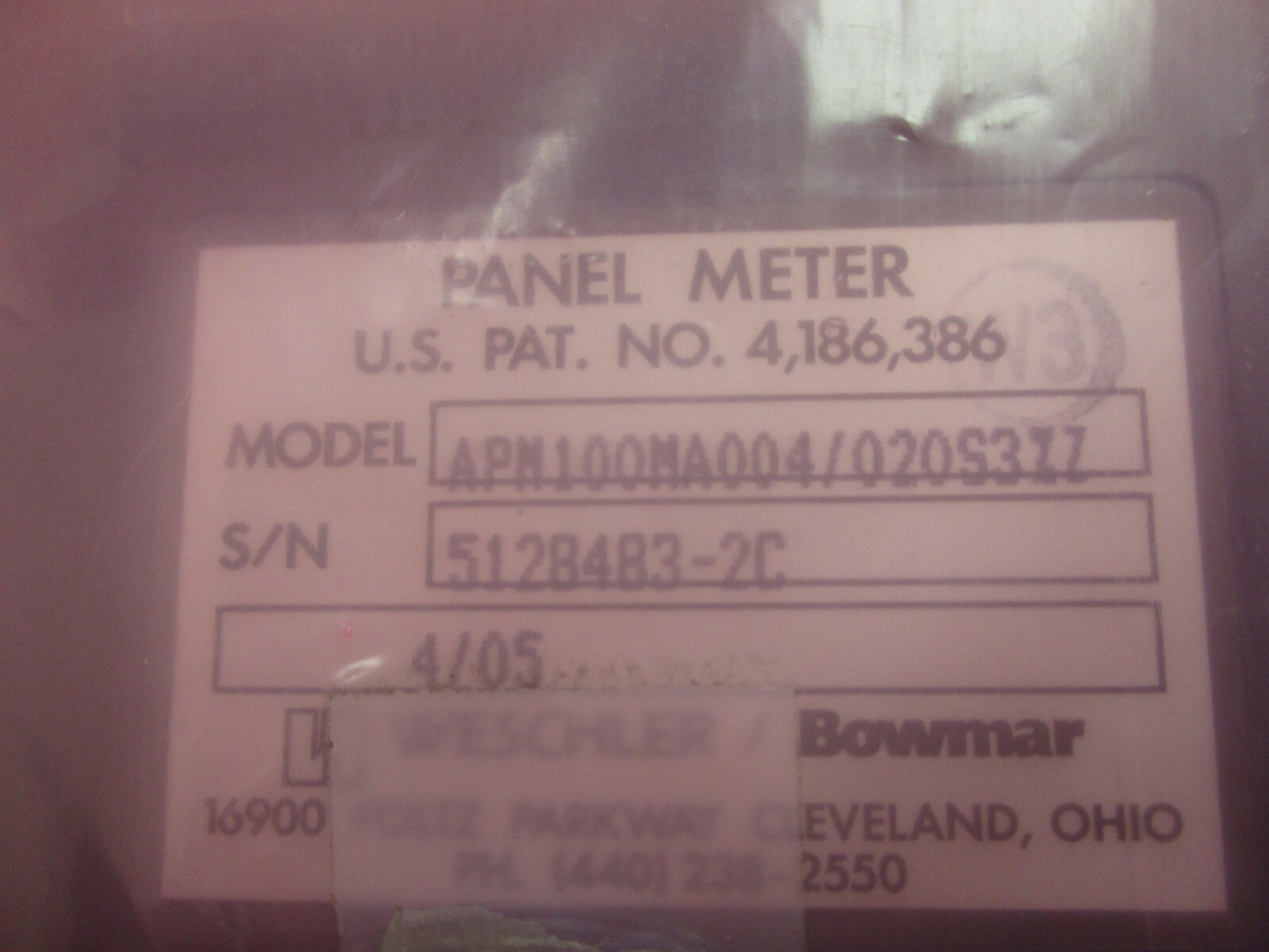 (1) WESCHLER BOWMAR APM100MA004/020S3ZZ PANEL METER