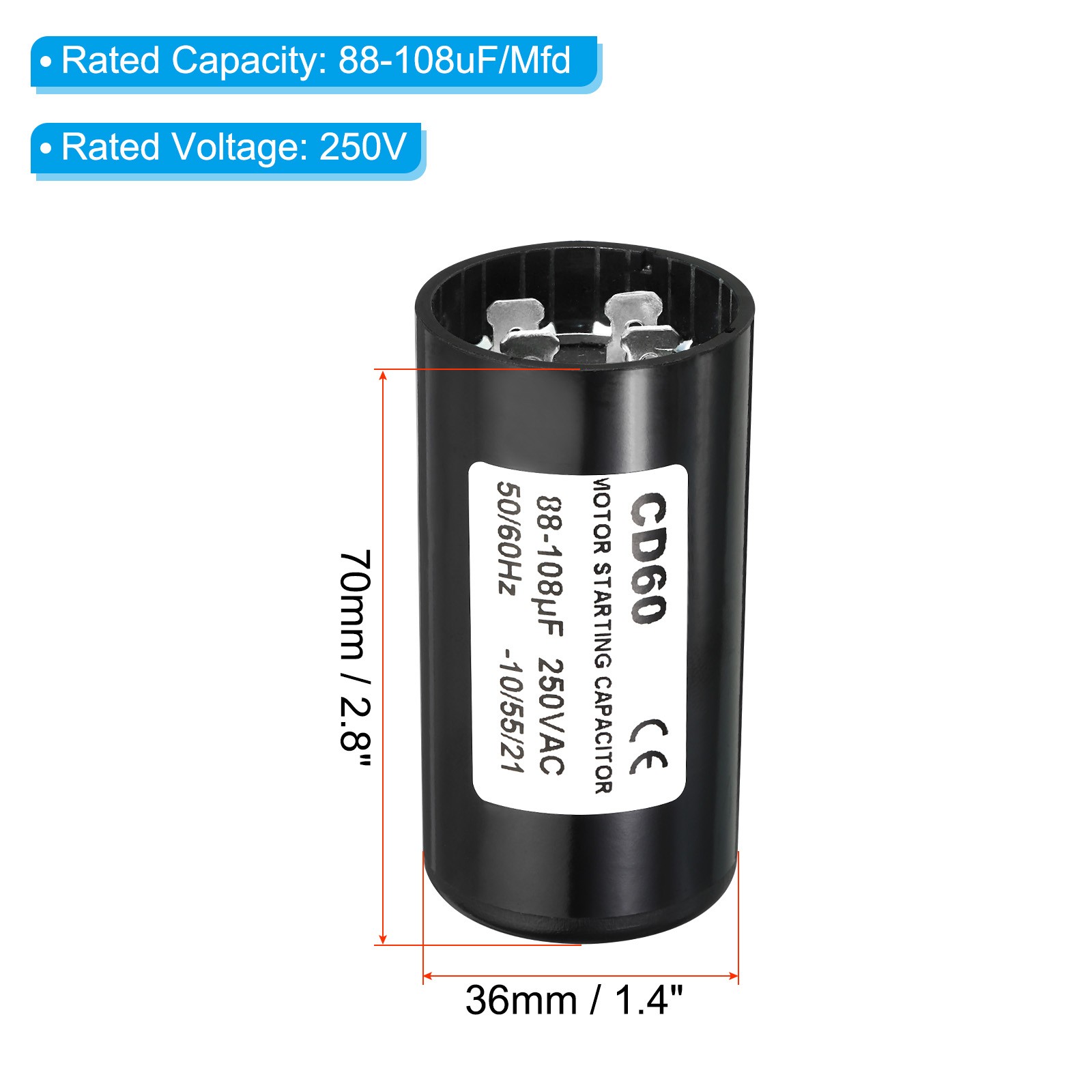 2 x Motor Start Capacitor 88-108uF/Mfd 250VAC 50/60Hz CD60 Run Capacitor