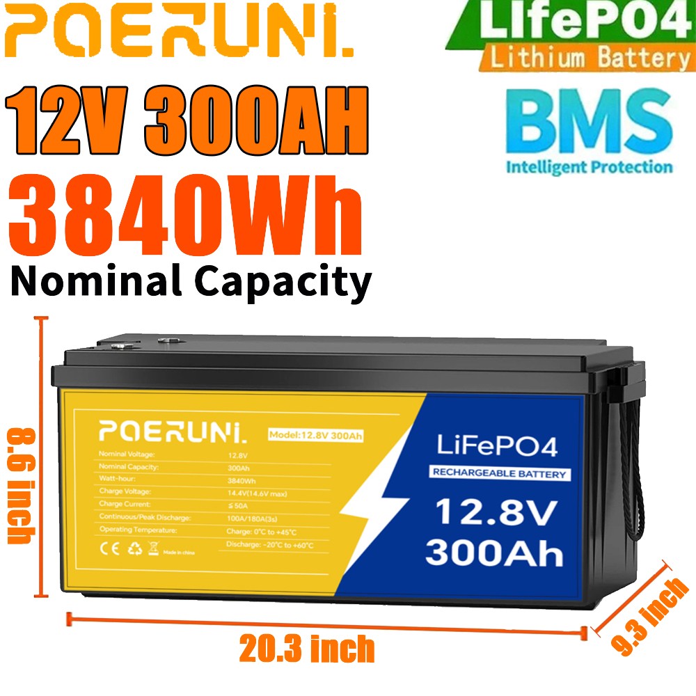 12V 300Ah LiFePO4 Lithium Battery 15000 Deep Cycle BMS Solar RV Marine Off-grid