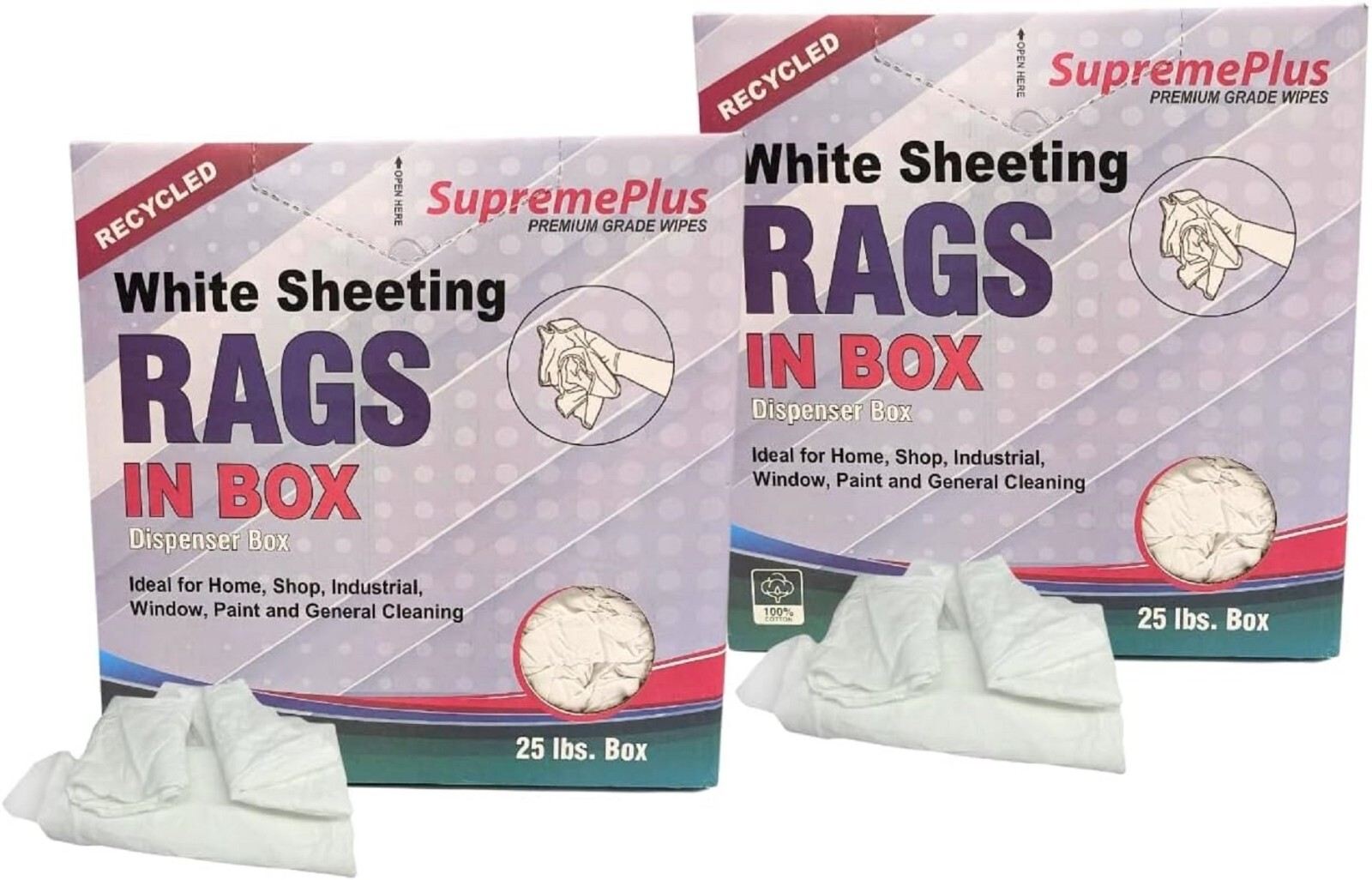 Recycled White Sheeting Cleaning Rags – 50 lbs. Case 2×25 lbs. Compressed Boxes