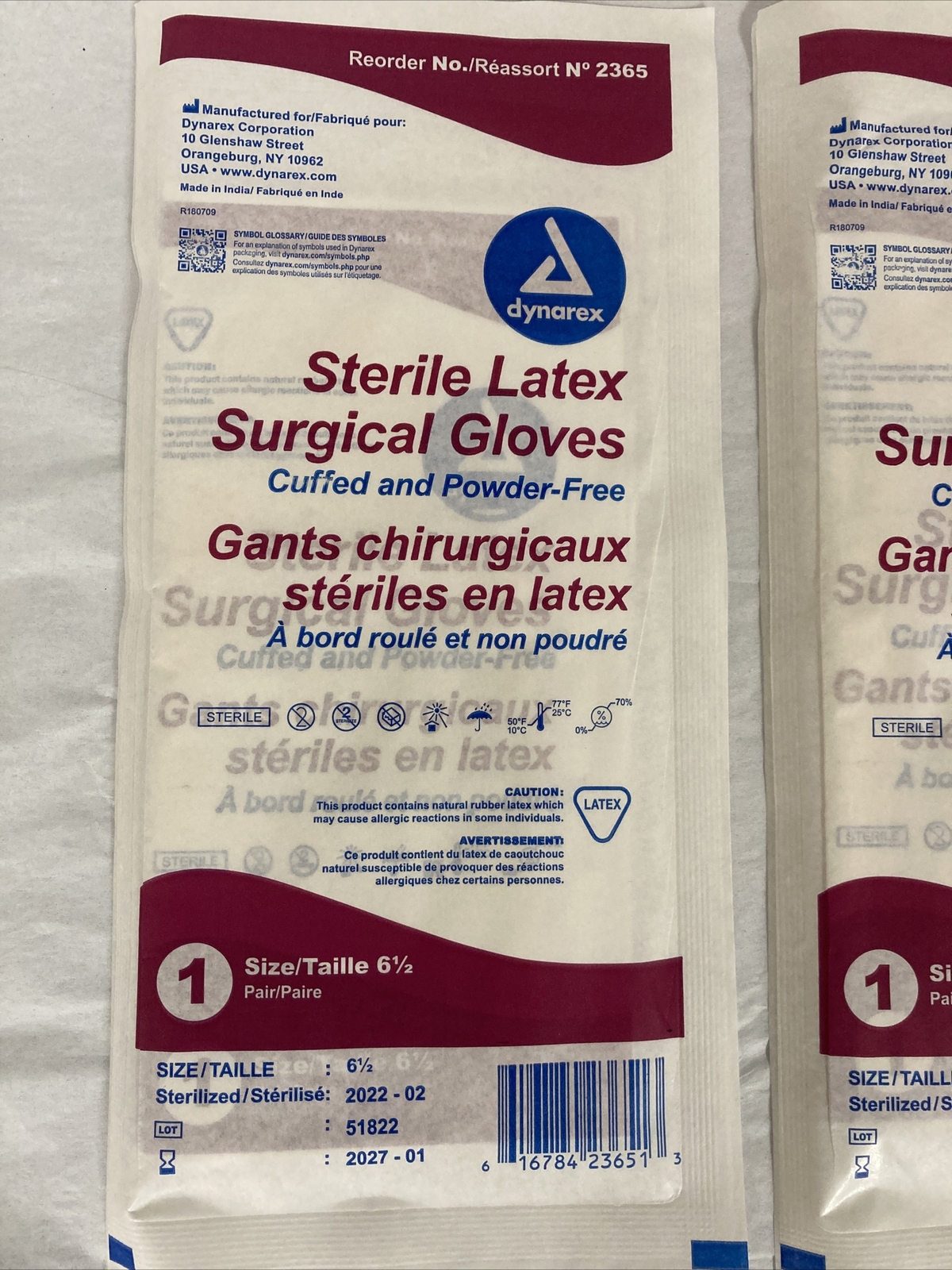 Dynarex #2365 Sterile Latex Surgical Gloves, Size 6.5 – lot of 2 pairs