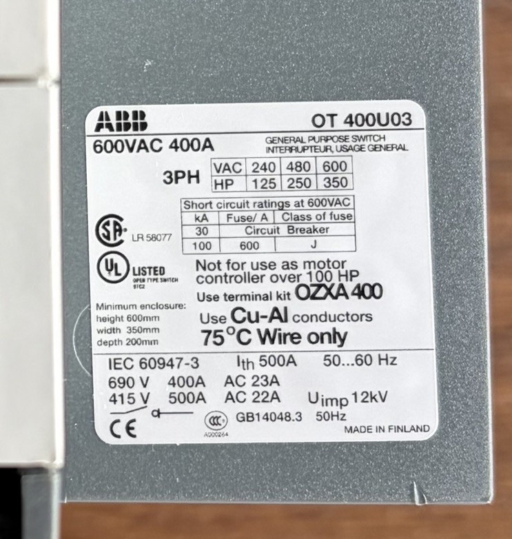 ABB OT400U03 Switch Disconnector Free with Handle Fast Delivery By UPS