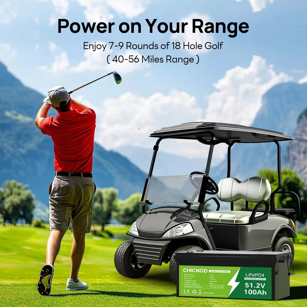 CHICNOD 51.2V 100Ah LiFePO4 Battery w/Bluetooth BMS 2560Wh Solar RV Golf Cart