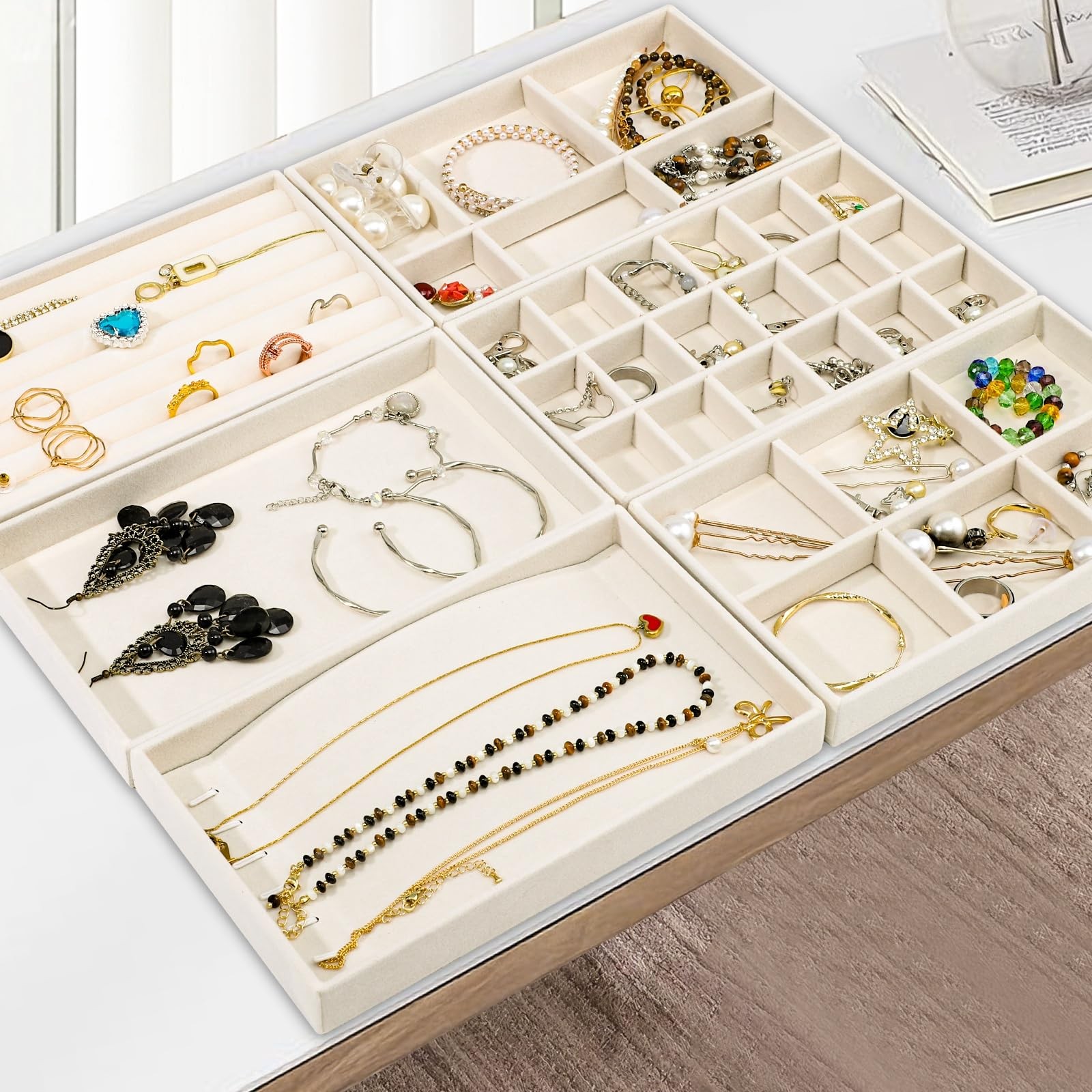 Dntorx Stackable Jewelry Organizer Trays, 6 Set of Velvet Beige