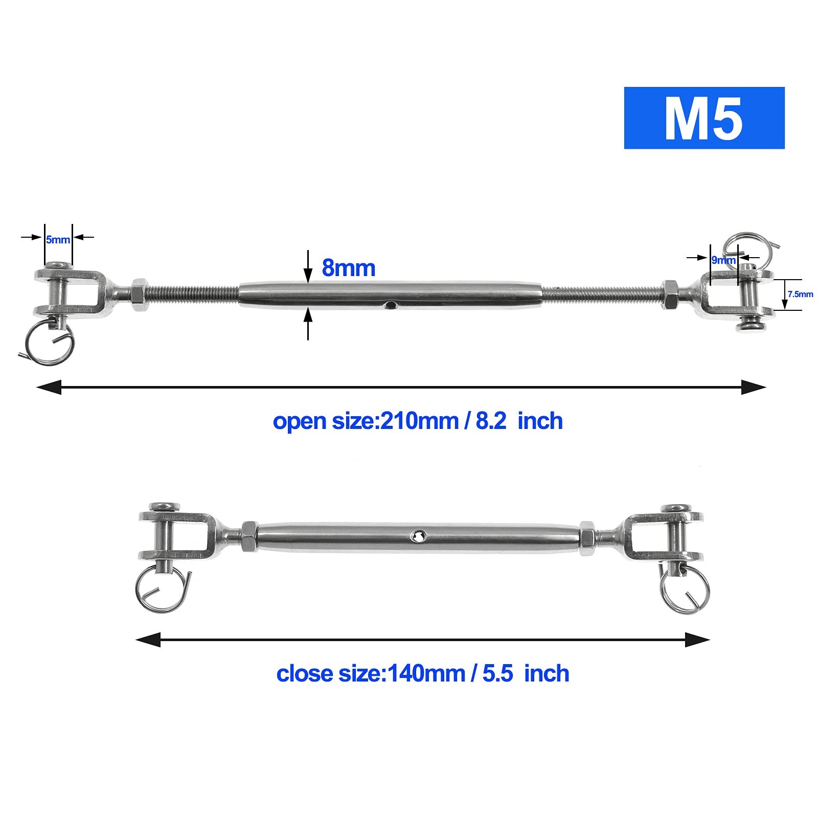 suiwotin 2PCS 3/16″ (M5) Turnbuckle Stainless Steel Jaw and Jaw Turnbuckle Ri…