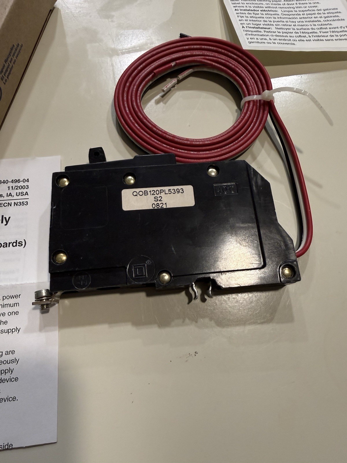 Square D QOB120PL5393 20A 1-Pole 120/240V Bolt-On Remote Circuit Breaker