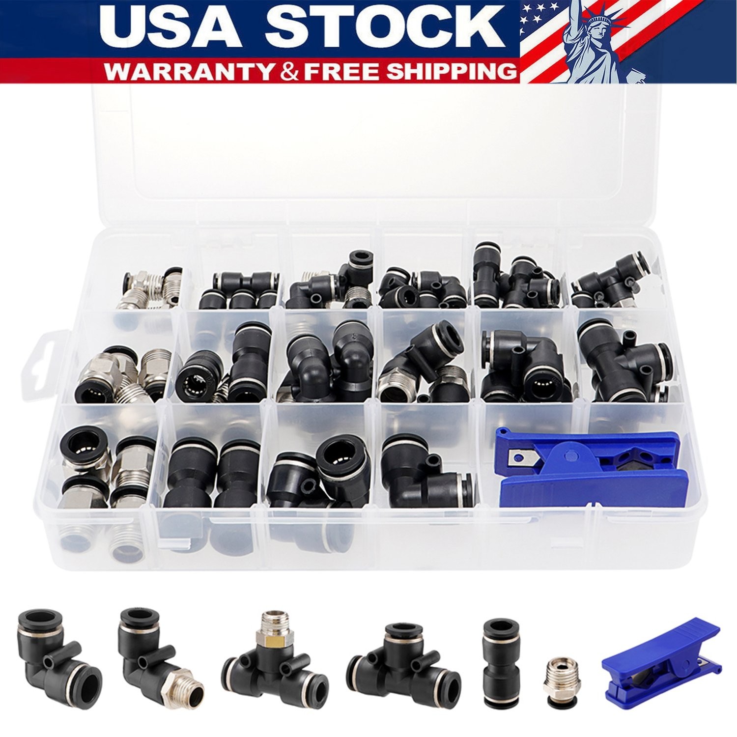 52X Quick Connect Air Line Fitting Kit 1/4 3/8 1/2 Push to Connect + Tube Cutter