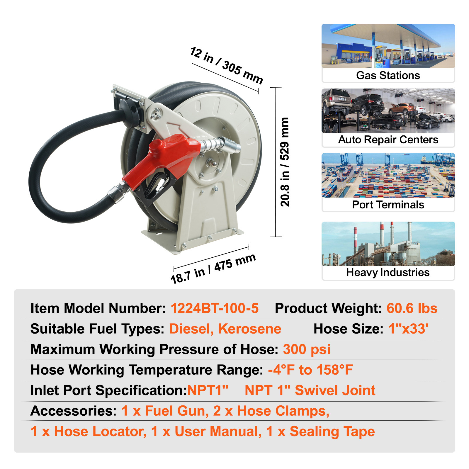 Fuel Hose Reel Retractable Diesel Hose Reel 1″ x 33′ Auto Refueling Nozzle