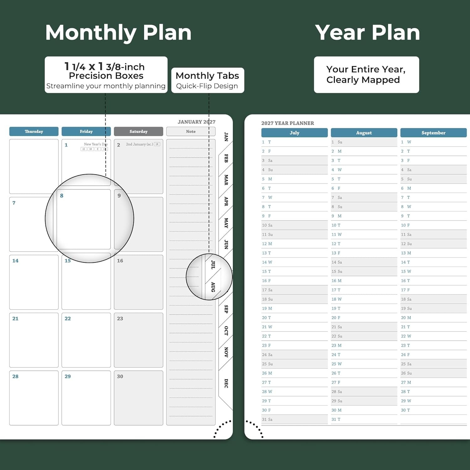 IN-LUXPRO 2026-2027 Green Vegan Leather Spiral Planner Agenda 8.5×6.5