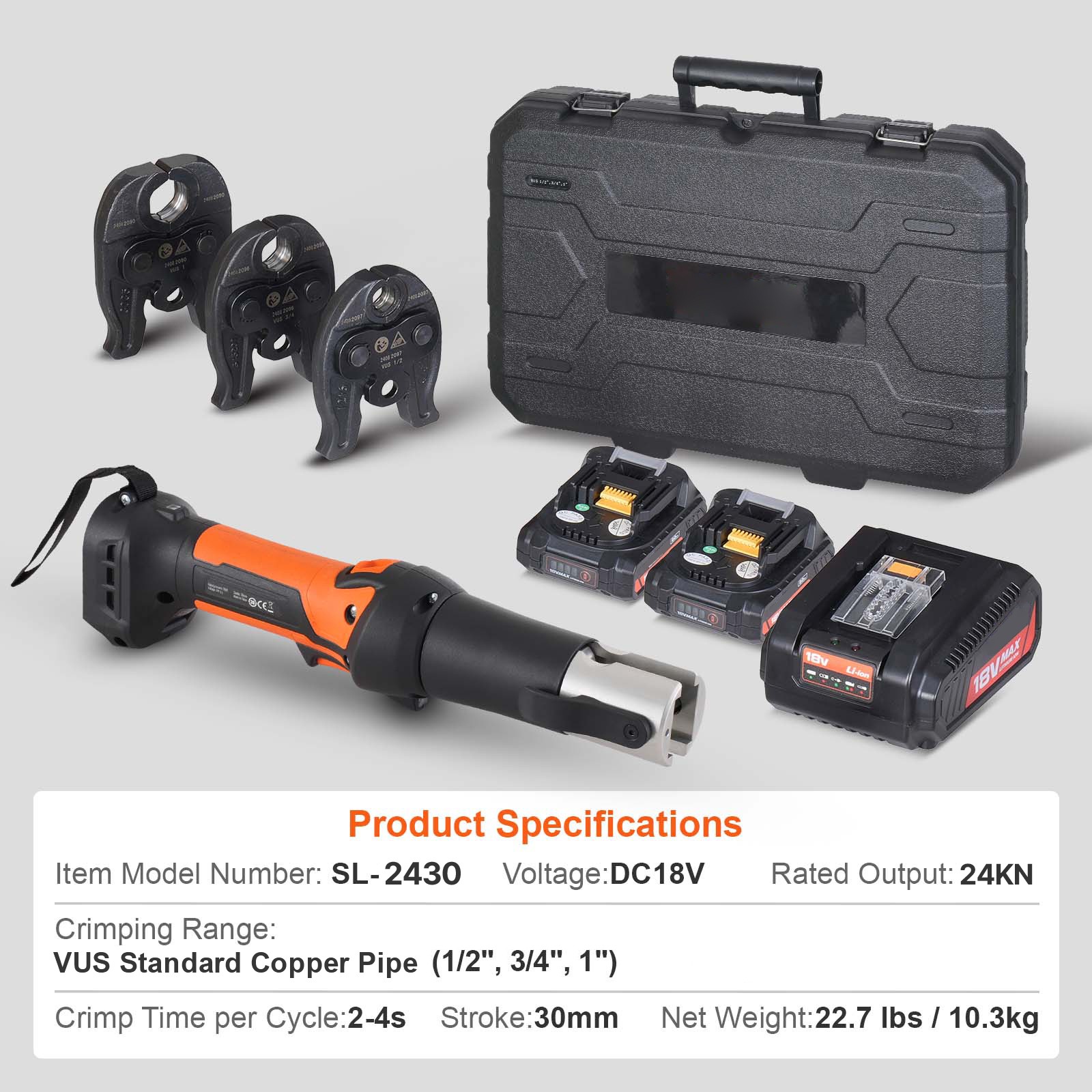 VEVOR Pro Press Tool Pipe Crimping Kit Press Tool Battery Kit 1/2″ 3/4″ 1″ Jaw