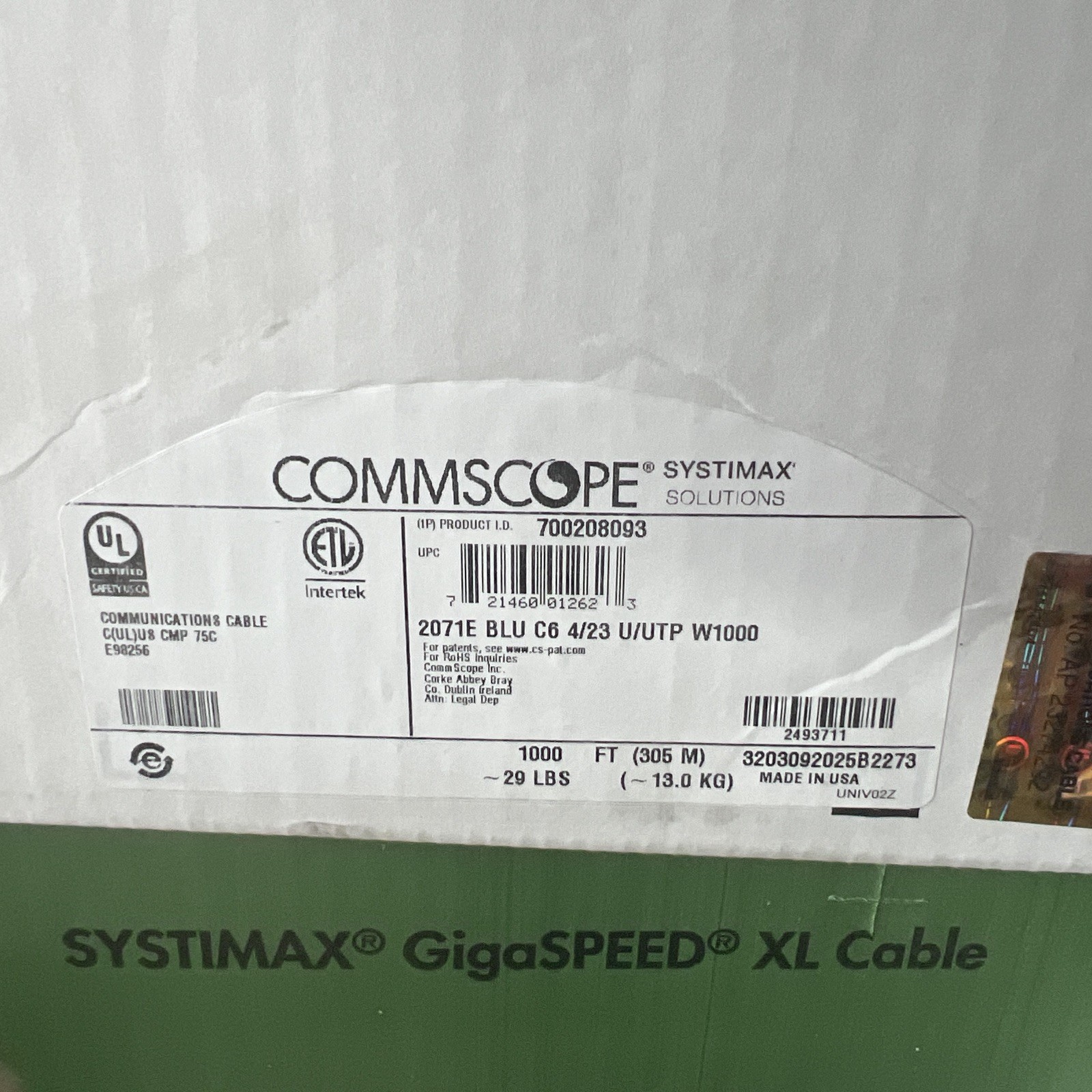 Blue COMMSCOPE GigaSpeed XL Category 6 Cable Plenum 1000ft 2071E 4/23 U/UTP