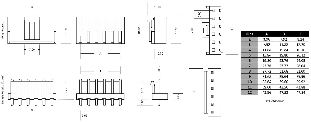 VH 3.96mm Plug + Socket + Crimps 2-10p Crimp Connector B2W (JST VH Style)