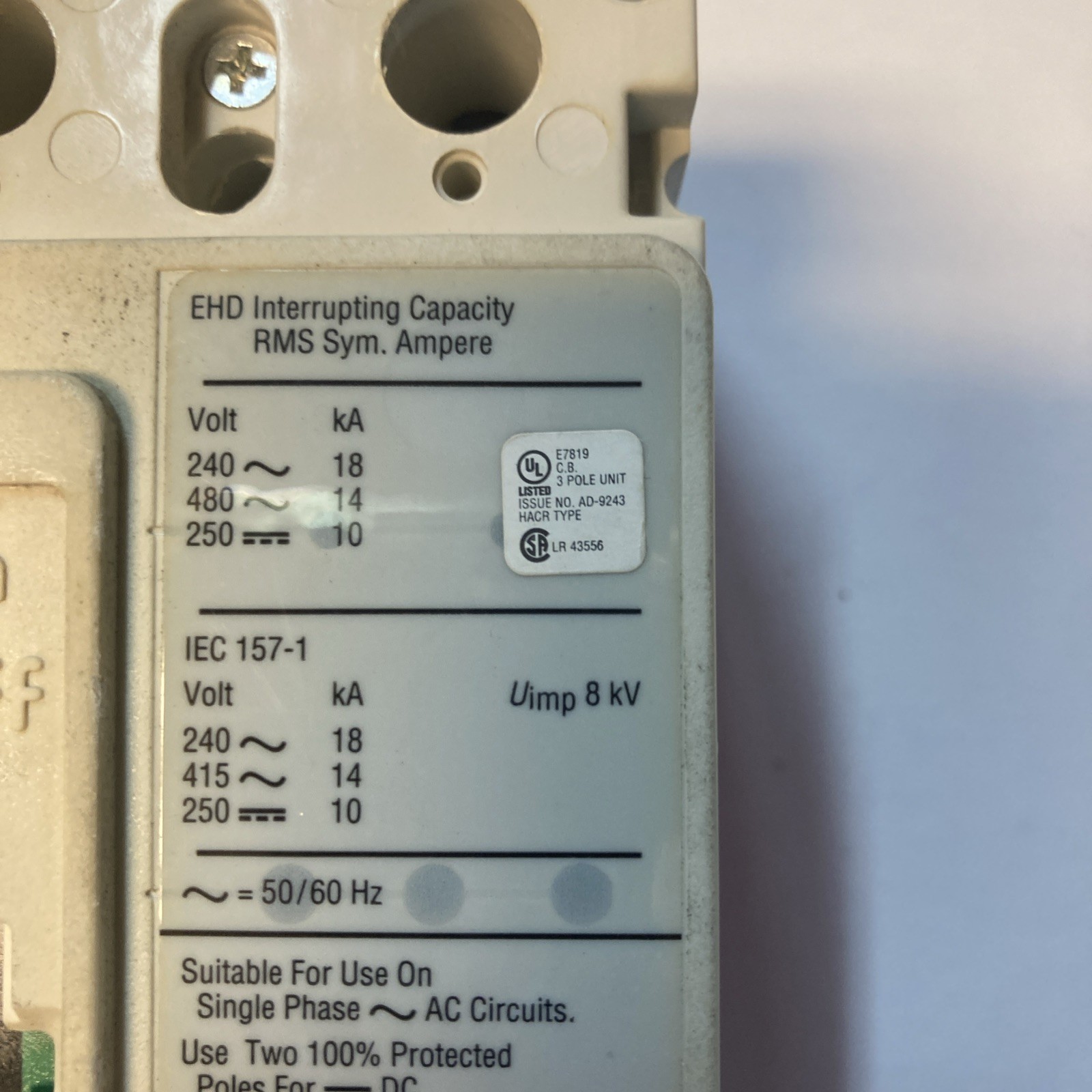 Eaton EHD3060 Industrial Circuit Breaker 60A 3-Pole 480VAC