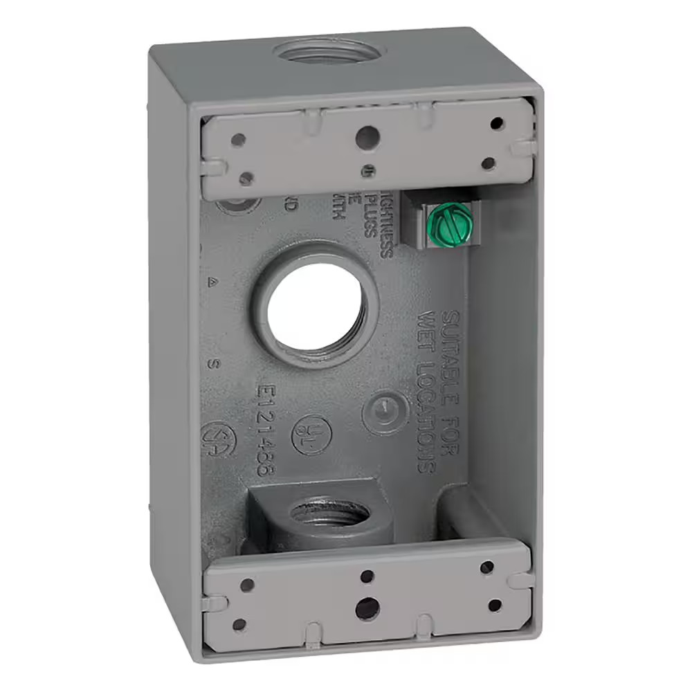 1-Gang Metal Weatherproof Electrical Outlet Box with (3) 1/2 Inch Holes, Gray
