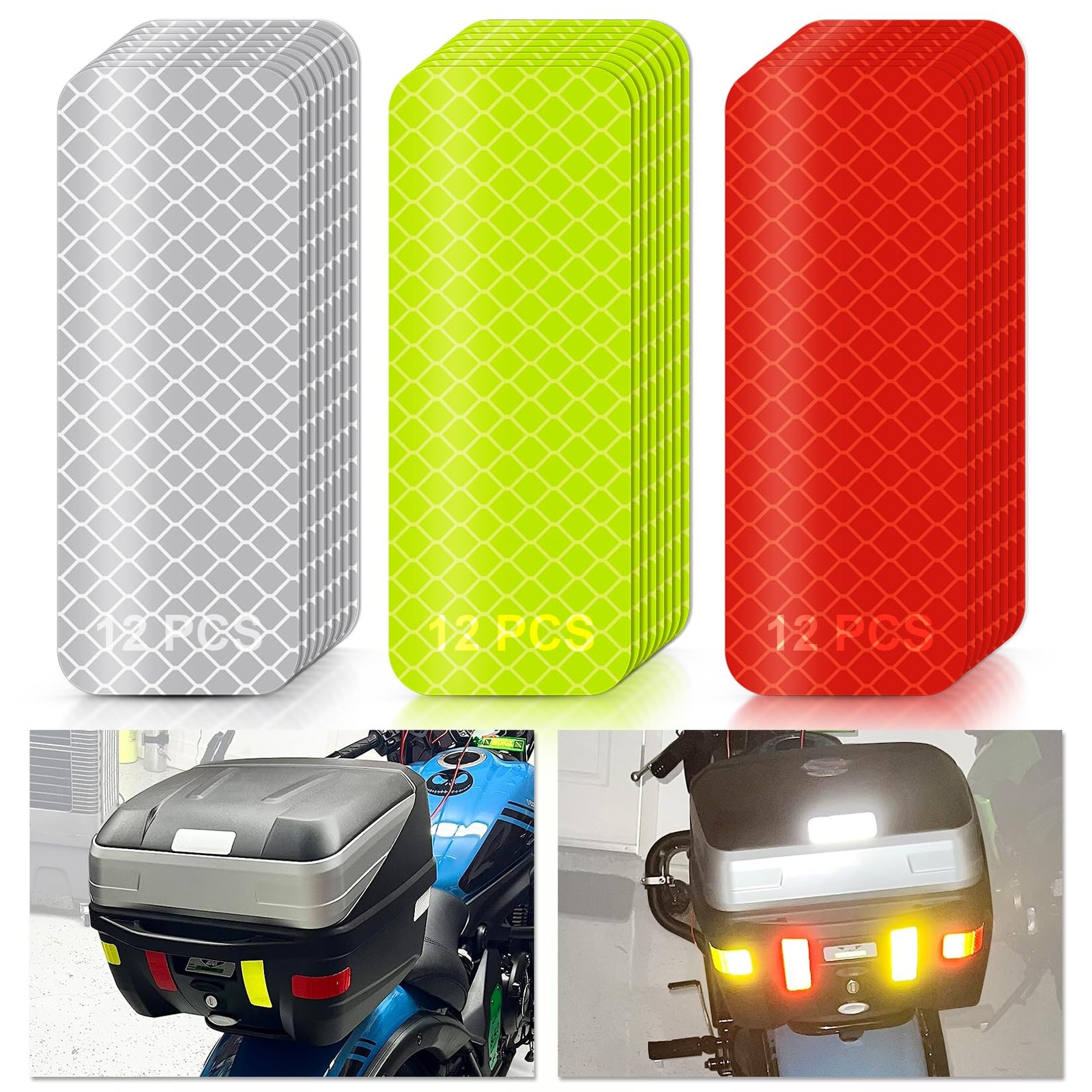 PSLER 36 PCS Reflective Stickers for Car Bike 3*8cm, Red, Yellow, Silver
