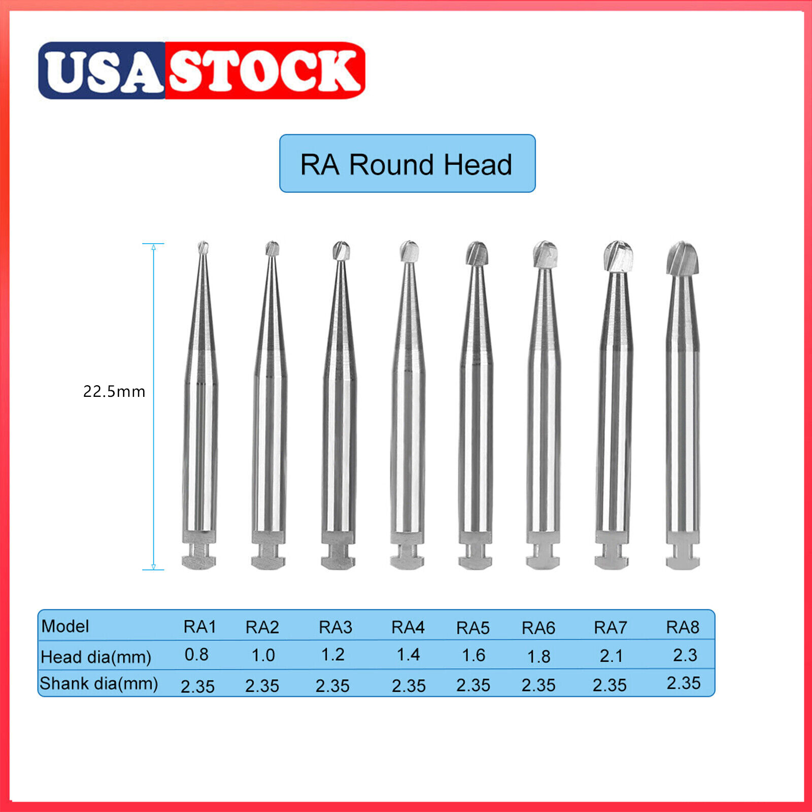 5Pcs Dental Round Carbide Bur for Slow Speed Latch Type RA 1# – 8# Burs