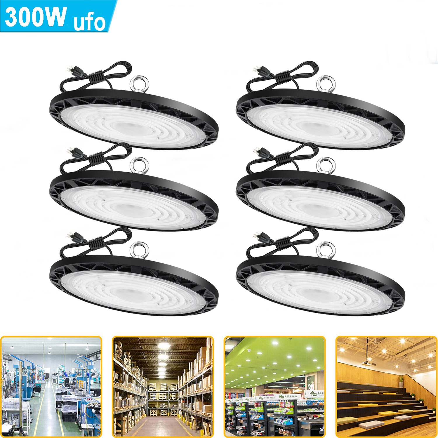 6Pack 300W UFO Led High Bay Light Commercial Industrial Warehouse Led Shop Light