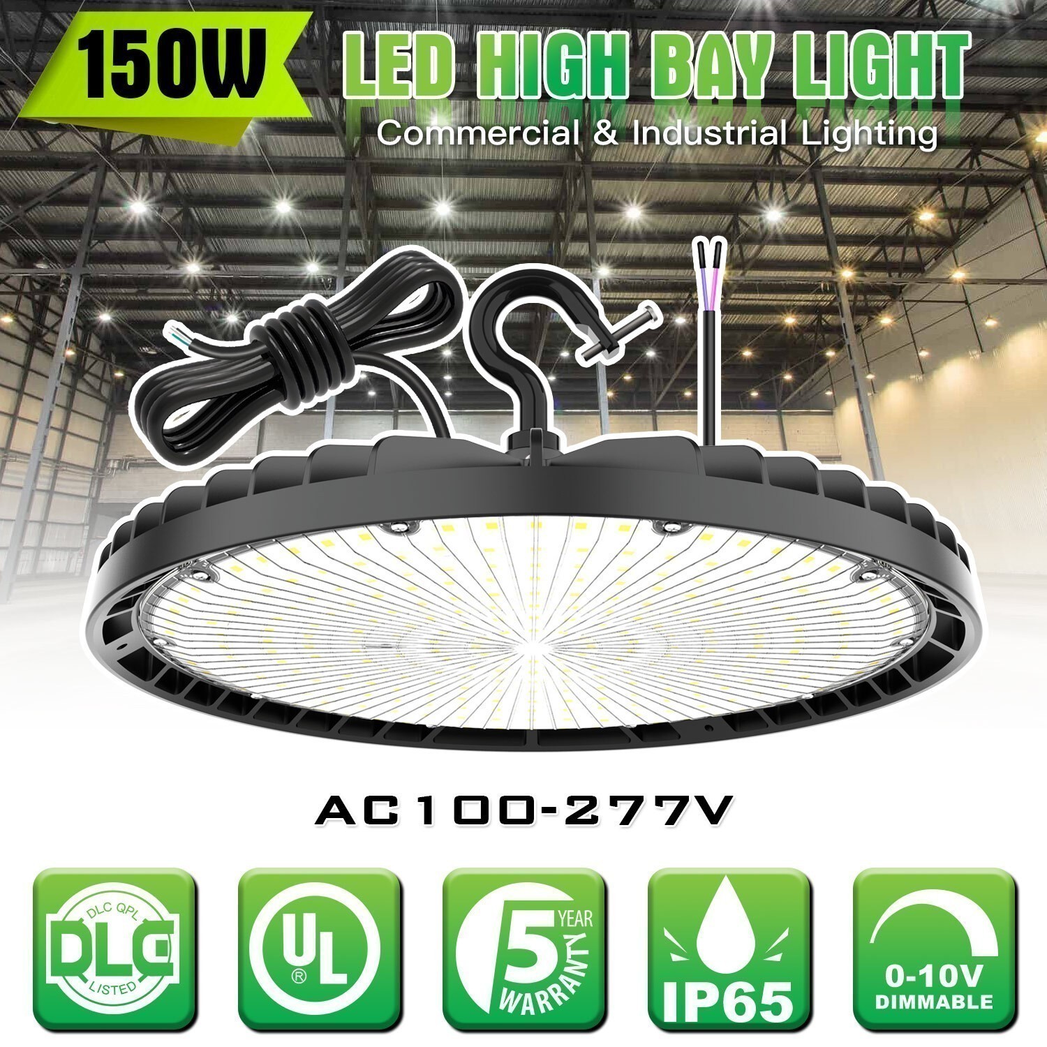 150W UFO High Bay Light 21000lm Commercial Warehouse Lighting (Eqv.600W MH/HPS)
