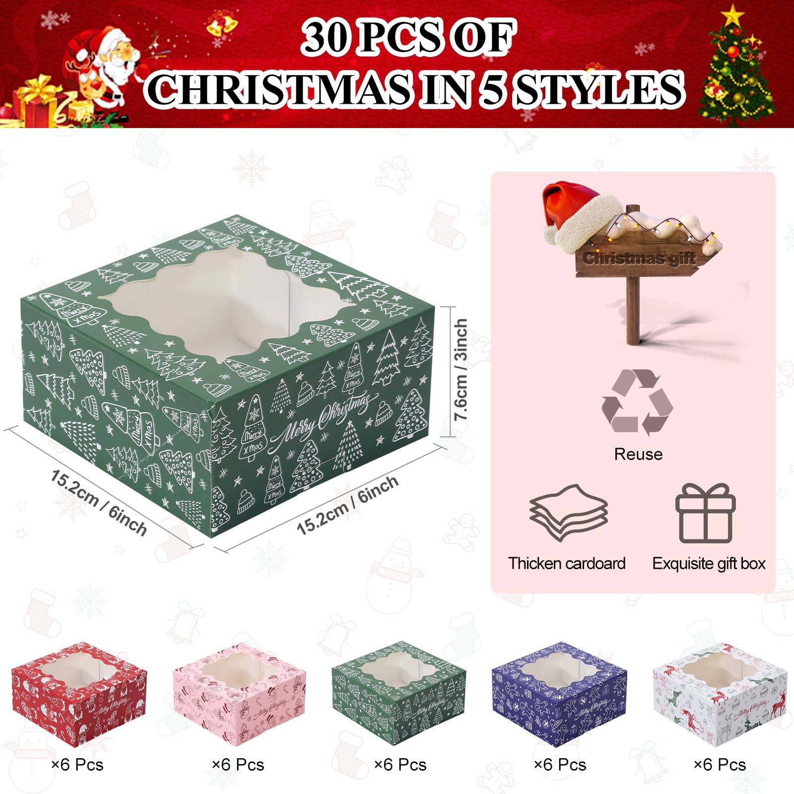 COTOPHER 30Pcs Christmas Cookie Boxes for Gift 6x6x3 inches, 6x6x3inch