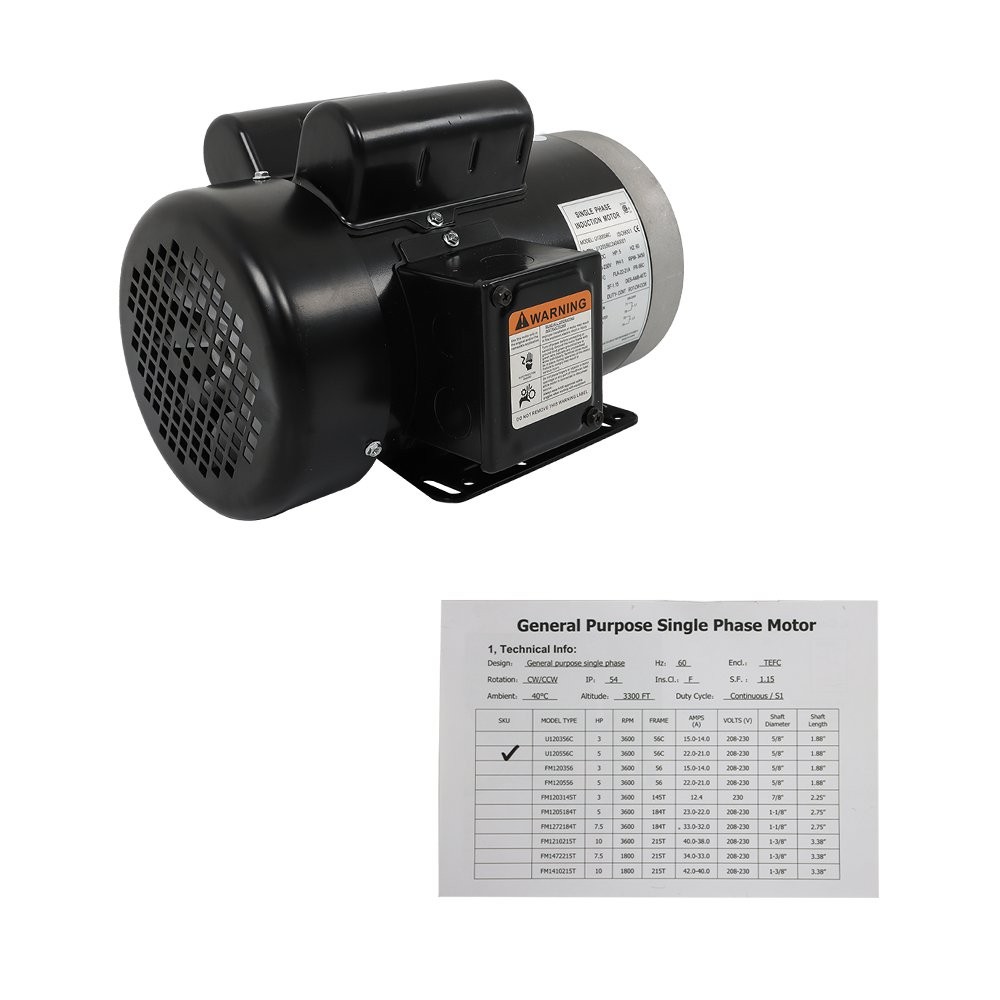 5HP Electric Motor 3450RPM 56C Frame 5/8″ Shaft 60HZ TEFC Single Phase 208-230V