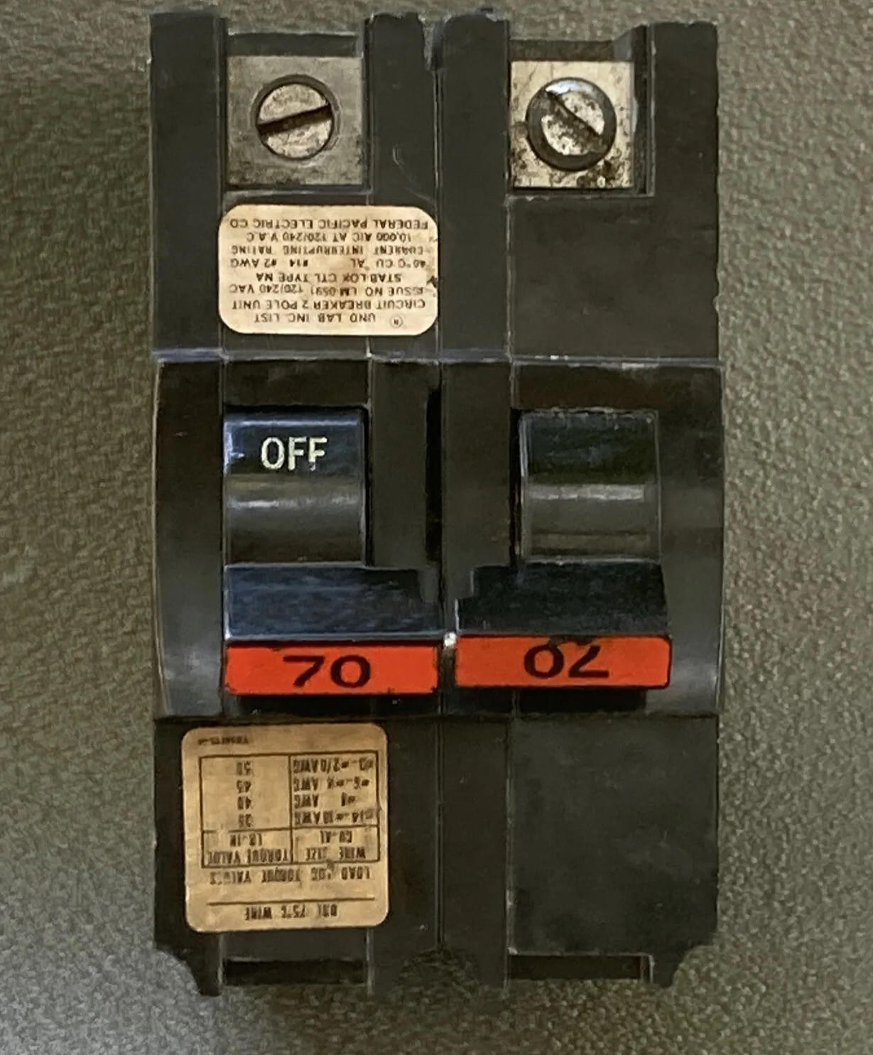 FPE NA270 – Federal Pacific. 240V Stab-Lok Circuit Breaker 70 AMP 2 POLE NICE!