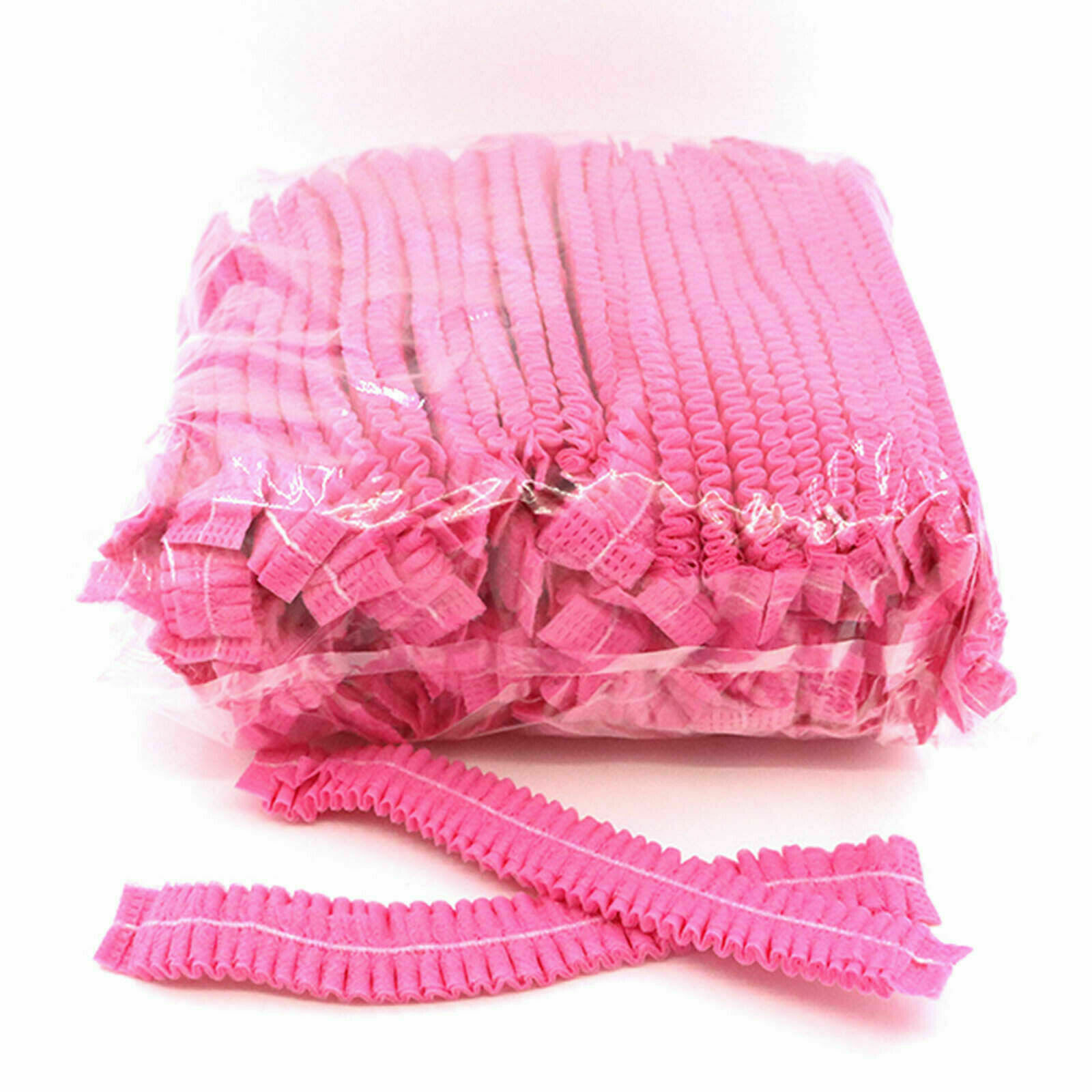 100 Disposable 18″ Non-Woven Strip Mob Caps(Pink/White) Net Bouffant Head Covers