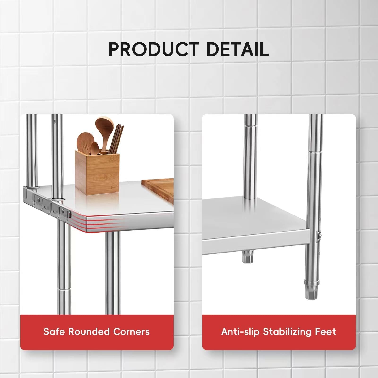 30*24in/36*24in/48*24in Metal Kitchen Stainless Steel Table with Overshelves
