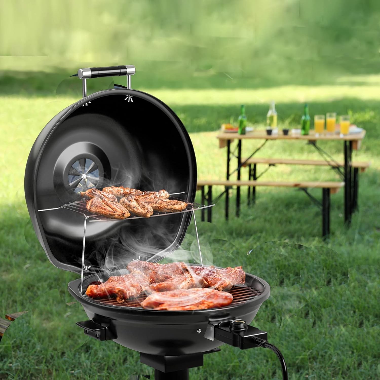 Outdoor Electric Grill 1600W,Stand BBQ Grill w/Warming Rack for 15-Serving,Adjus
