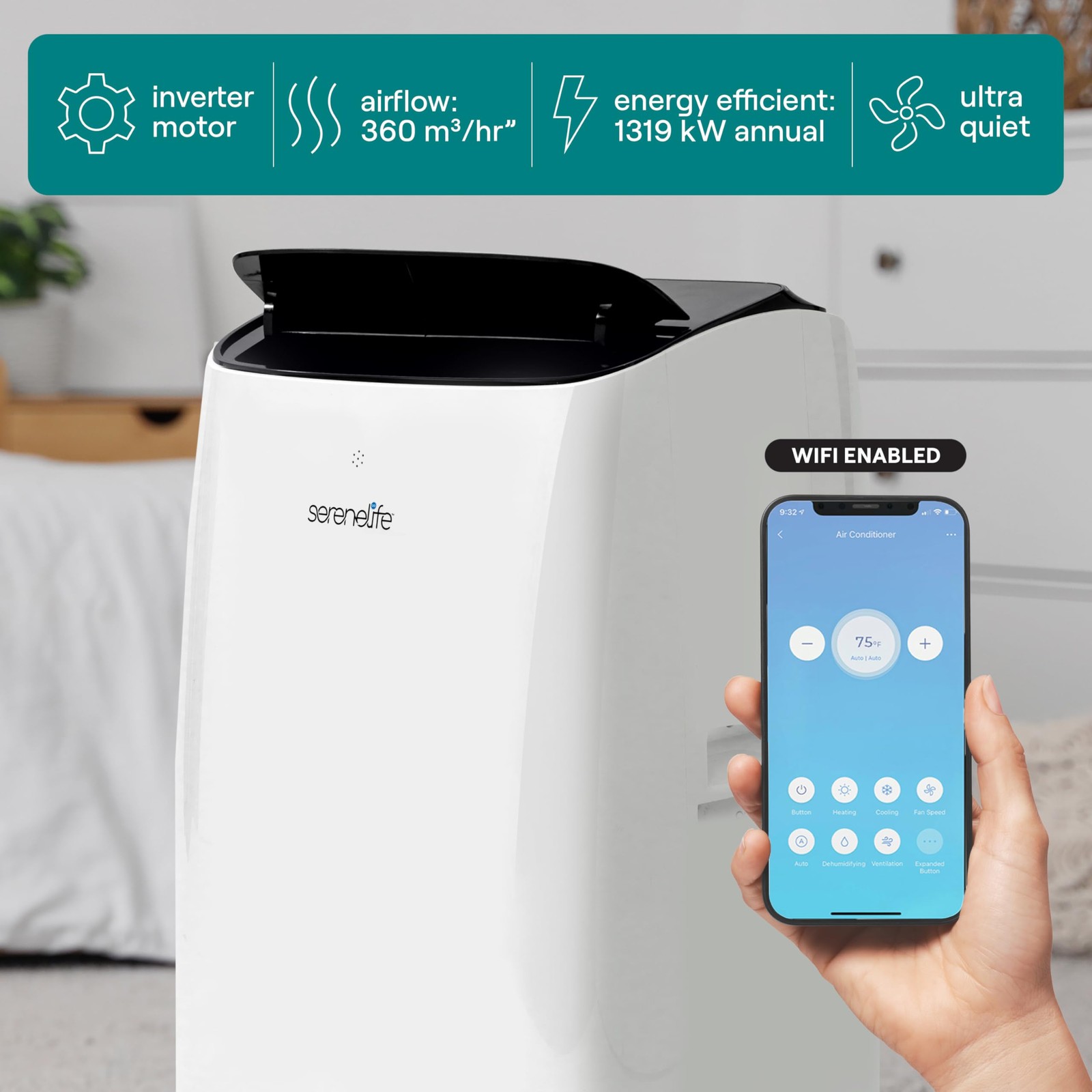 SereneLife 14000 BTU Ultra Quiet Portable Inverter Air Conditioner