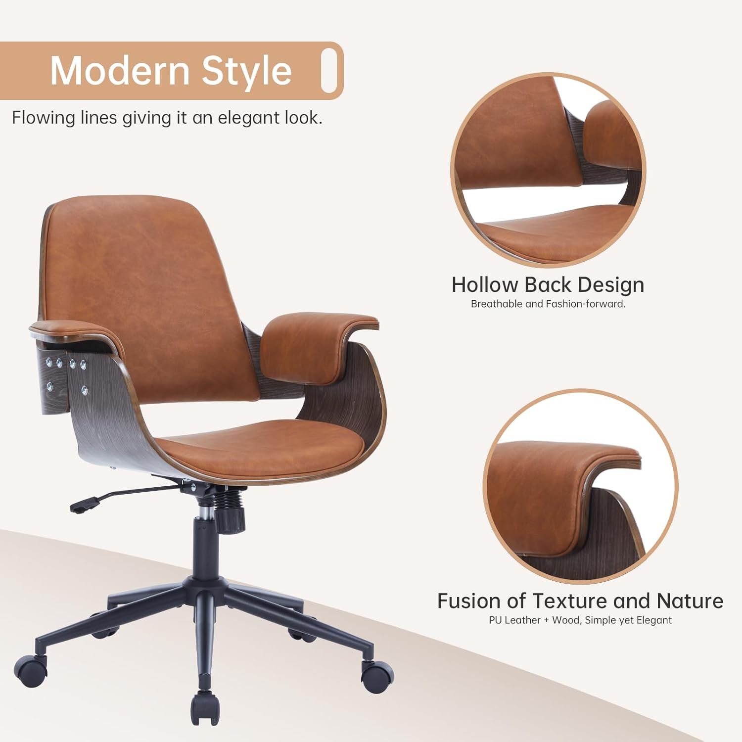 Ergonomic Mid Century Modern Swivel Office Chair with Walnut Finish – Brown