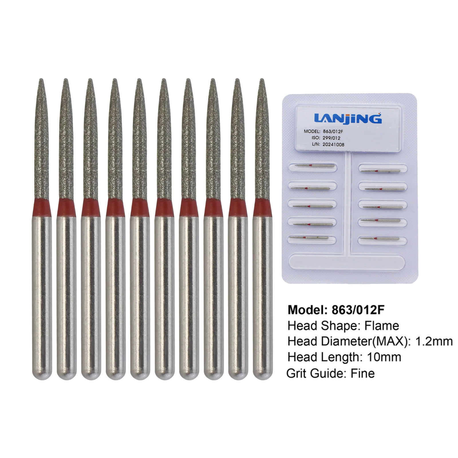 Dental Diamond Burs 863/012F Flame Bur Fine Grit Red FG for High Speed Handpiece