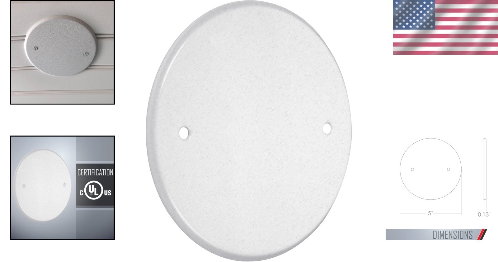 5 Inch Round Blank Cover Plate – White Metallic Metal Box Mount Decorator Style