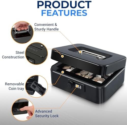 SereneLife 8″ Metal Cash Box with Lock | Cash Safe Lock Box with Money Tray |…