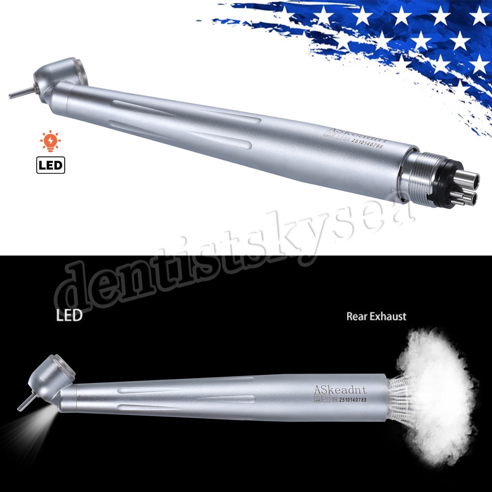 Dental 45 Degree LED/NO-LED High Speed Handpiece Ceramic Bearing 3Spray 4Holes