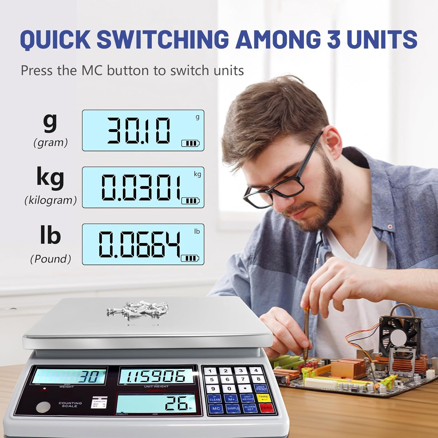 Industrial Counting Scale for Small Part (30Kg, 66Lb,1G), G/Kg/Lb,Coin Scale Bui