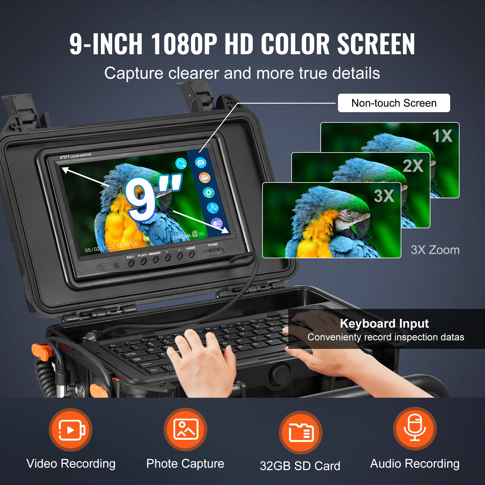 9″ Sewer Camera 98 ft/30m Self-Leveling Drain Camera with 512Hz Transmitter