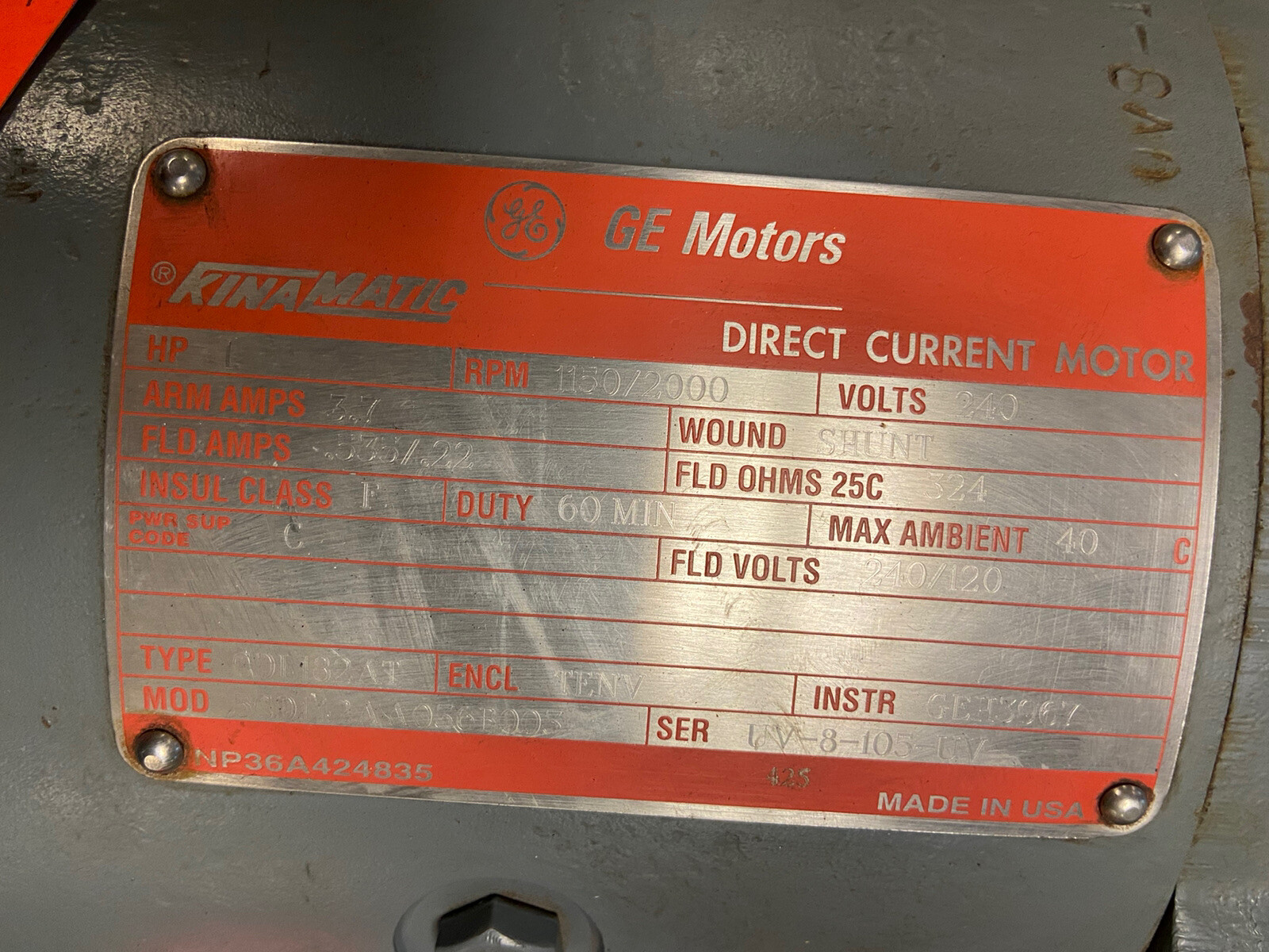 GE Kinamatic,CDL182AT,1Hp DC Motor 240VDC