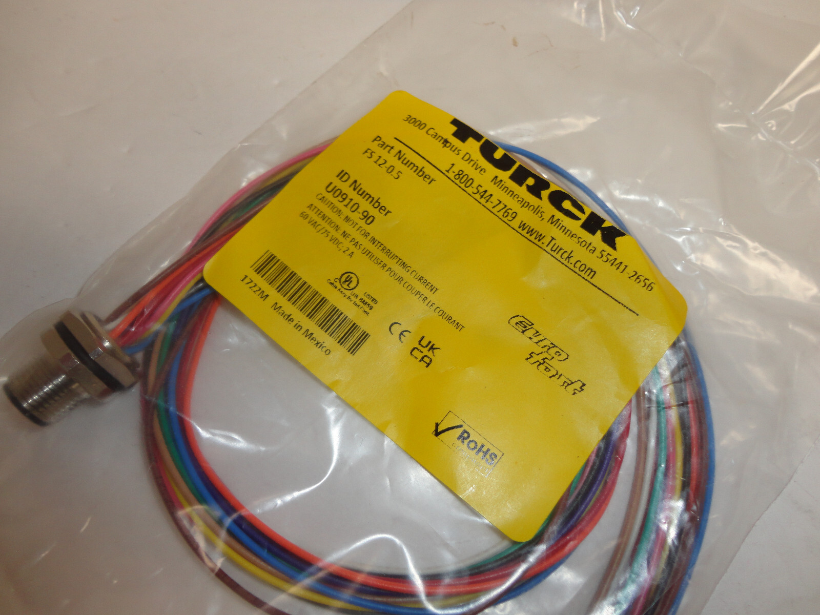 Turck FS12-0.5, 12 conductor IO cable U0910-90 12mm bulkhead connector .5m