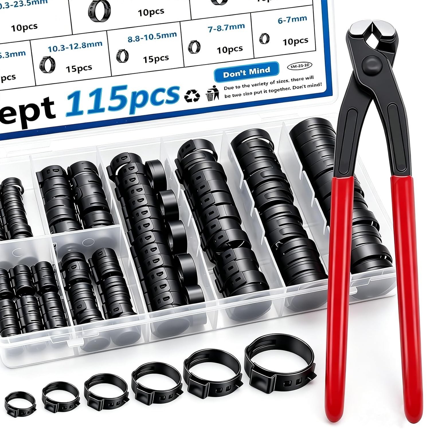 115Pcs 304 Stainless Steel Black Single Ear Hose Clamps with Ear Clamp Plier 6-2