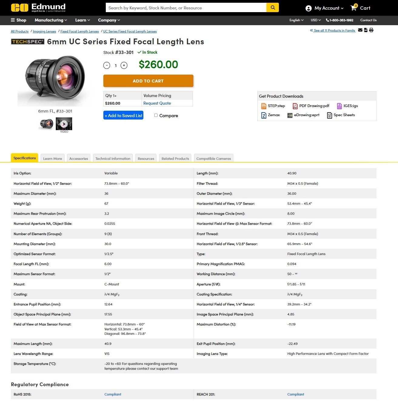 FLIR BFS-PGE-31S4C-C Blackfly S Camera + Edmund Optics 6mm F1.85 33301 Lens