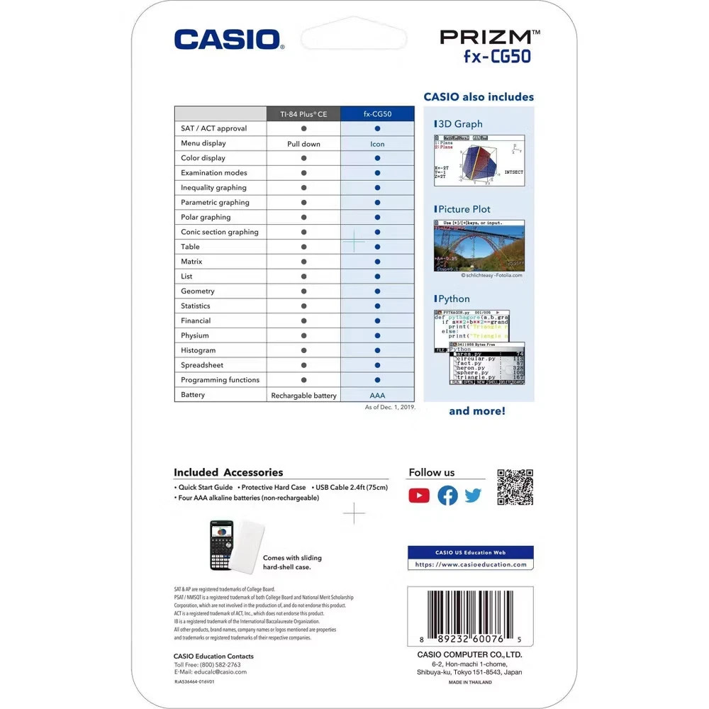 Casio High-Resolution Python 3D Color Graphing Calculator – Black (FX-CG50)