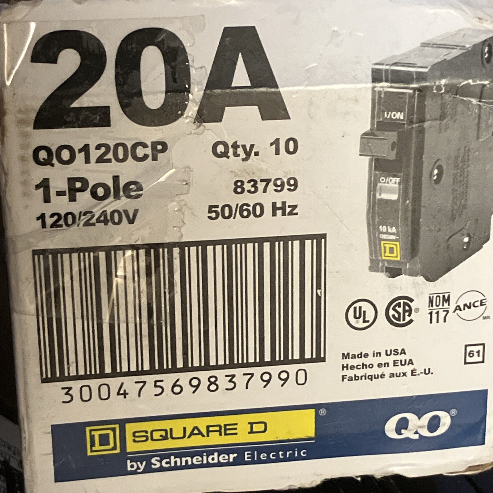 (1 ct) Square D QO120 20 Amp 1 Pole 120/240V QO New Style Trip Window Yellow D
