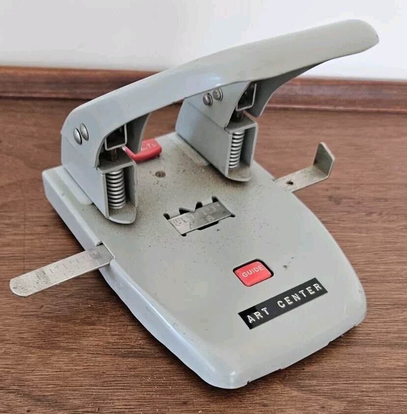Punchodex P-200 2 Hole Punch Vintage Gray Metal Adjustable Guide & Waste Buttons