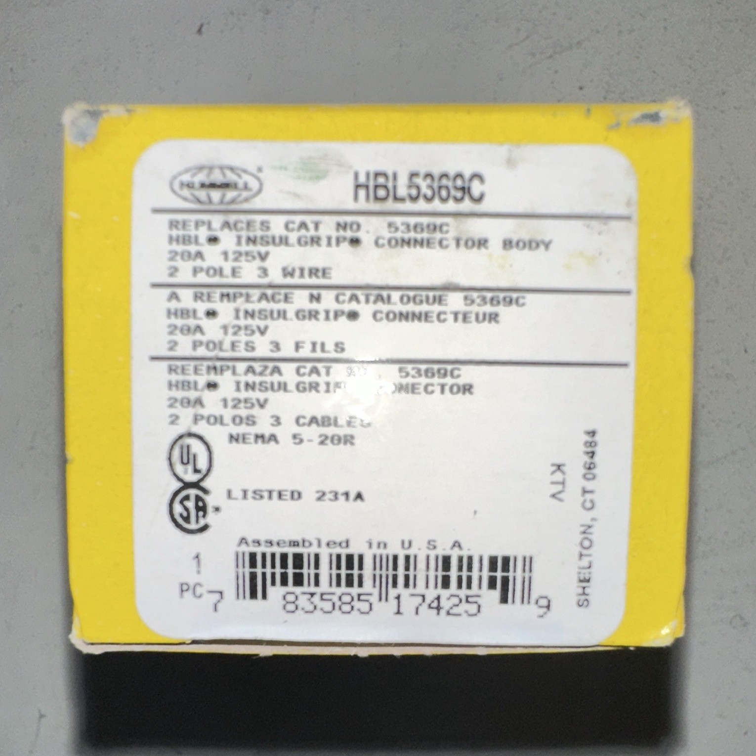 Hubbell Insulgrip Connector Body HBL5369C 2-Pole 3-Wire Plastic Brass