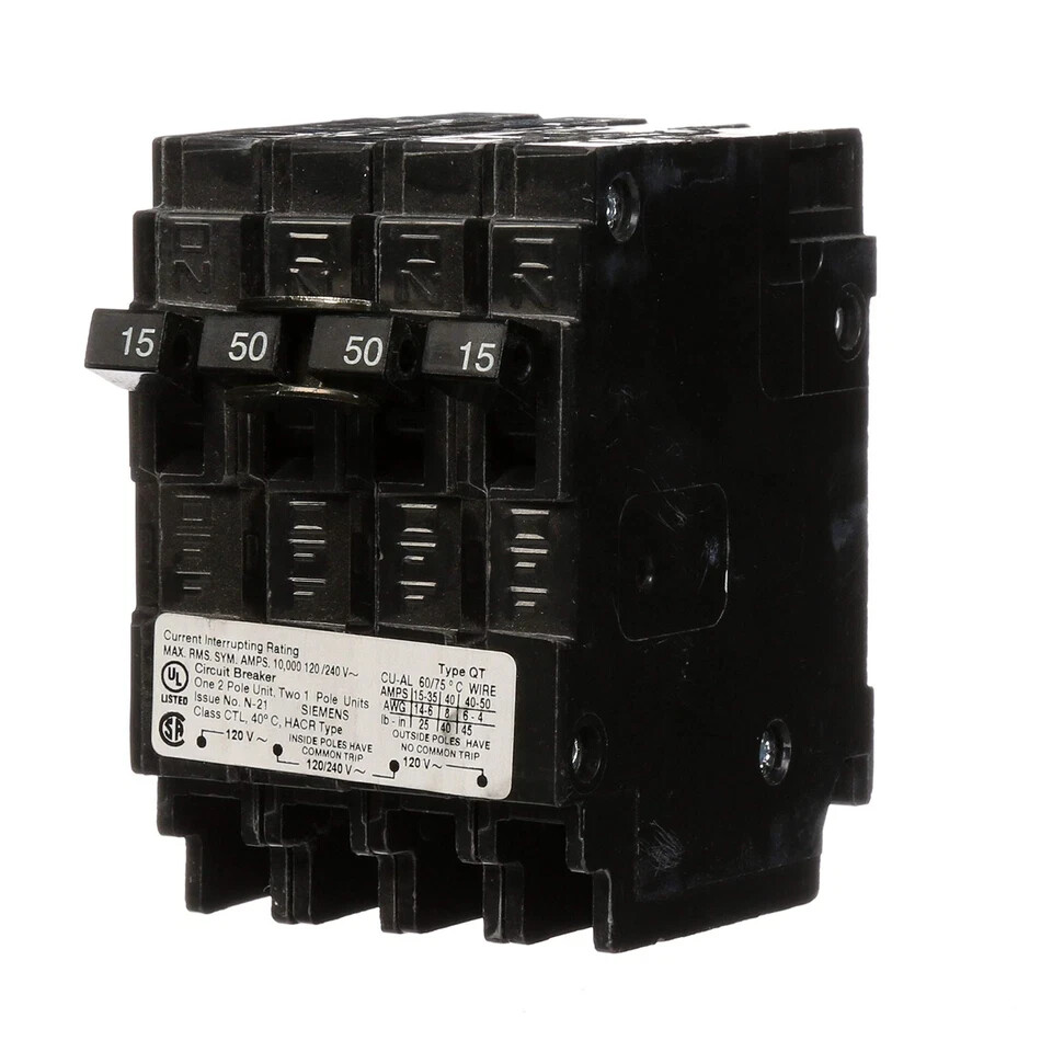 NEW Siemens Q21550CT2 Circuit Breaker 15/50 amps Standard 4-Pole, Type QT